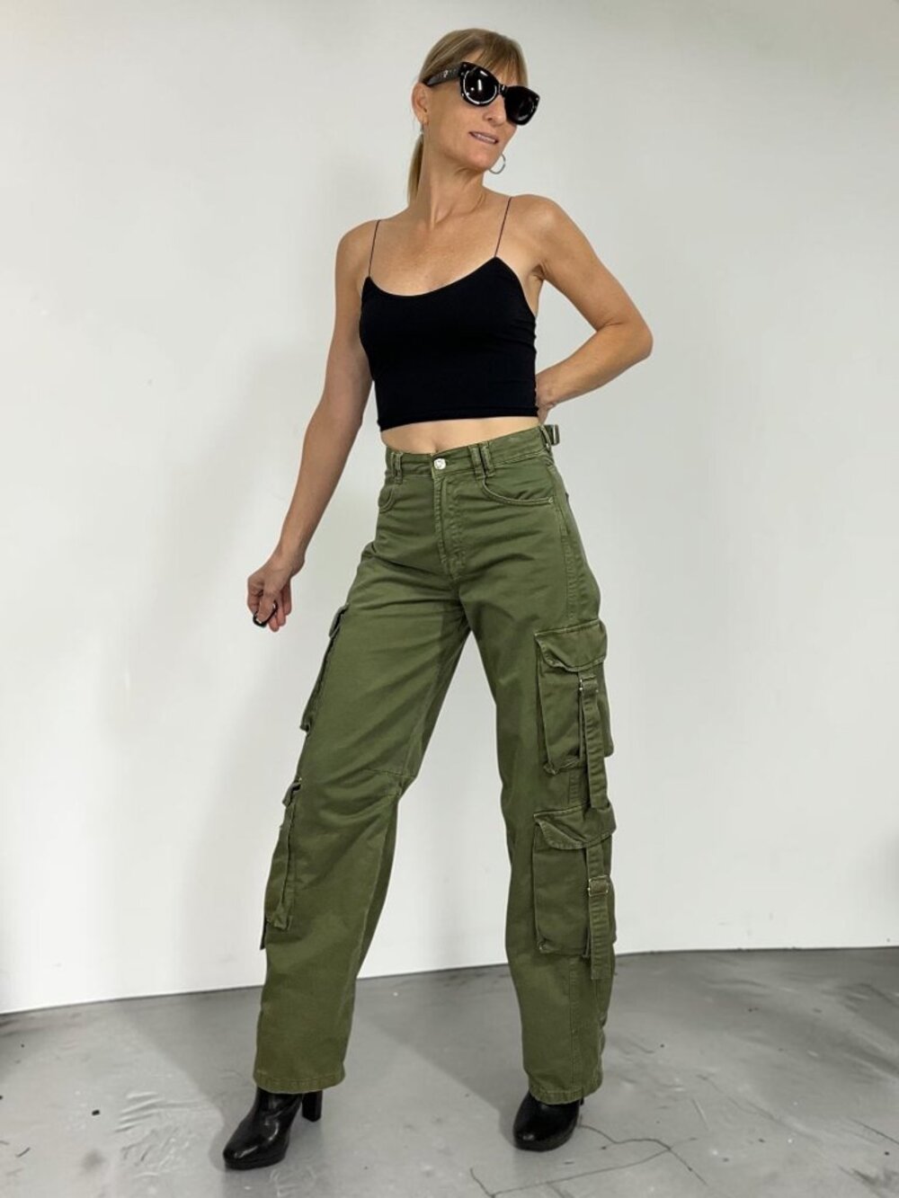 ZARA Cargo Barrel Leg Pant 0 Green Baggy High Rise Cotton